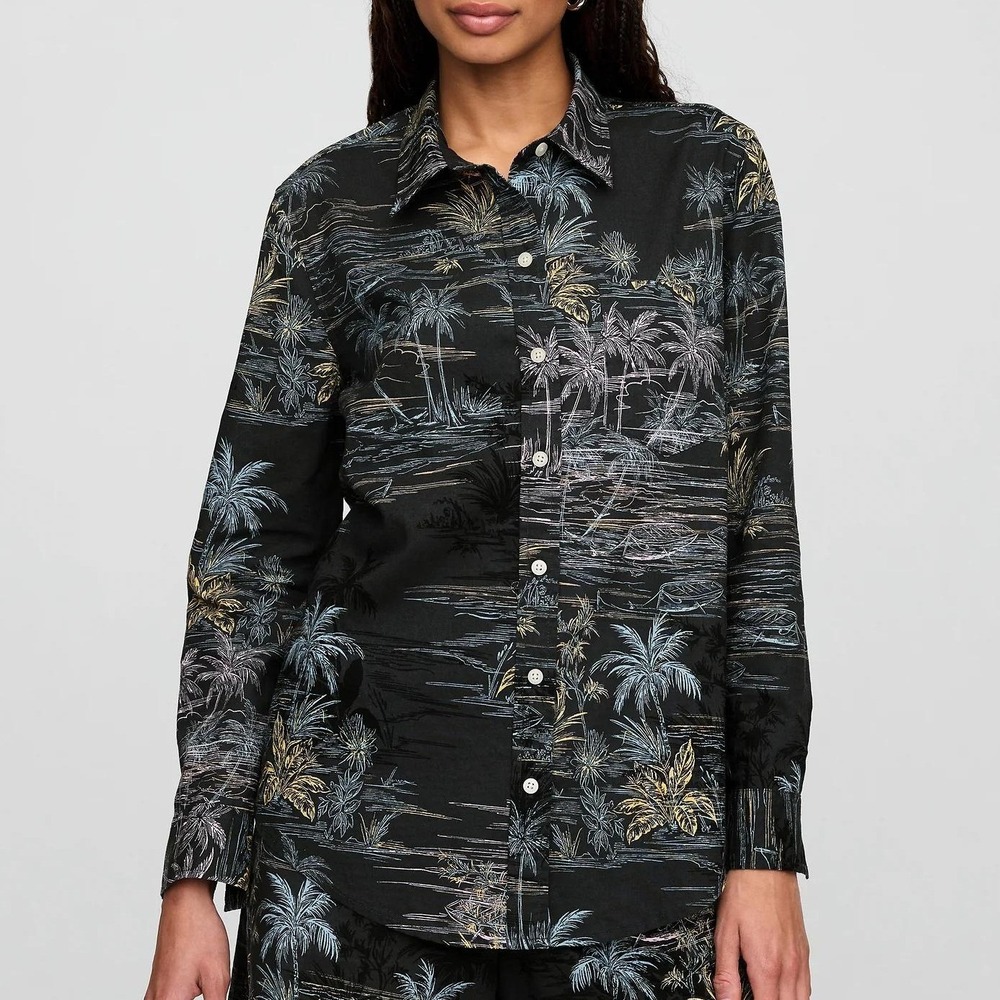 GAP Womens The Easy Shirt XL Navy Blue Palm Tree Tropical Linen Cotton Blend NWT